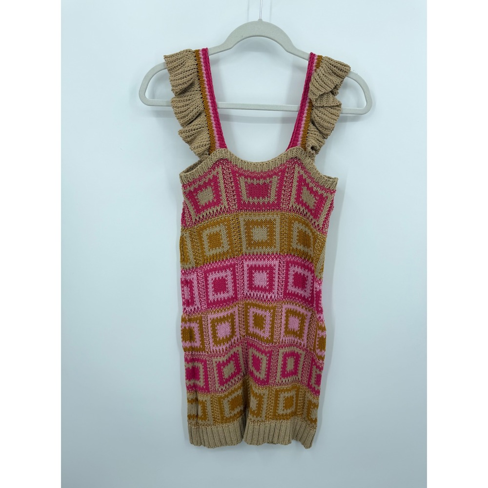 Pool Lojas Riachuelo Knit Mini Dress Womens Size M Pink Tan Ruffle Geometric